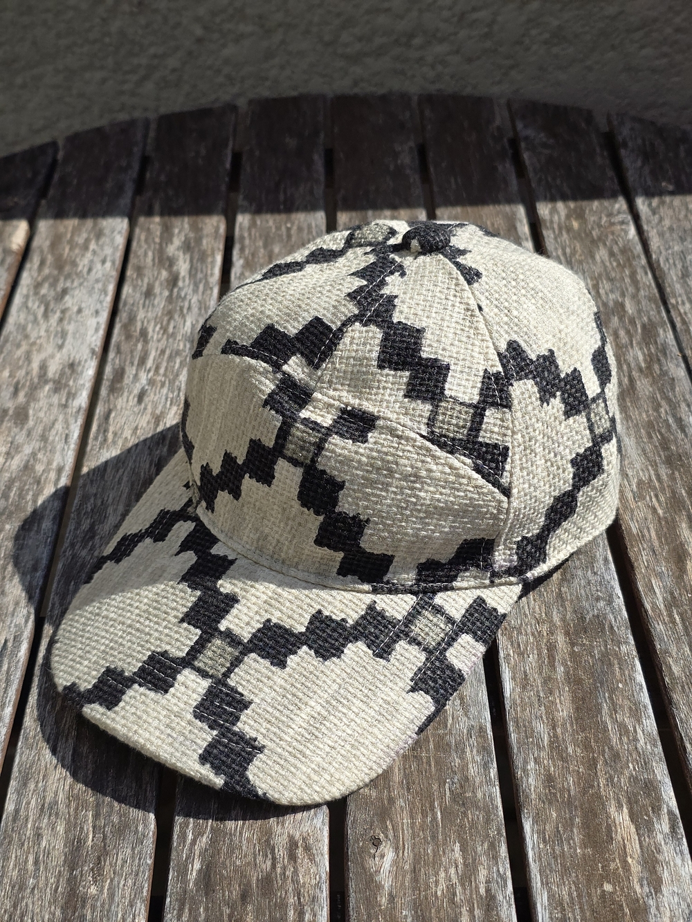Jim Thompson Hat Cap Black White Cream Textured Woven Fabric Geometric Pattern